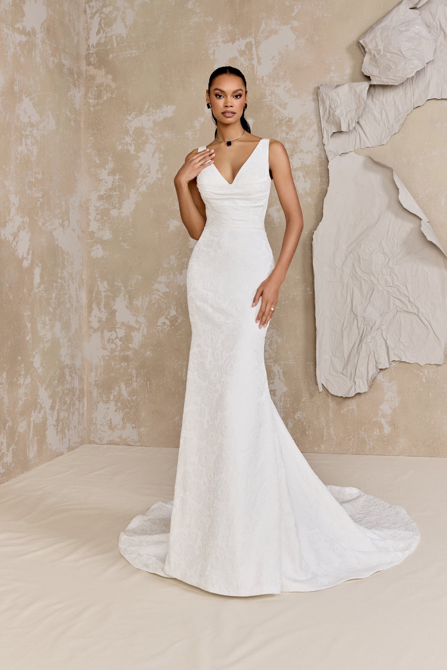 BRADSTREET: Brocade Fit and Flare Gown with V-Neckline and Scoop