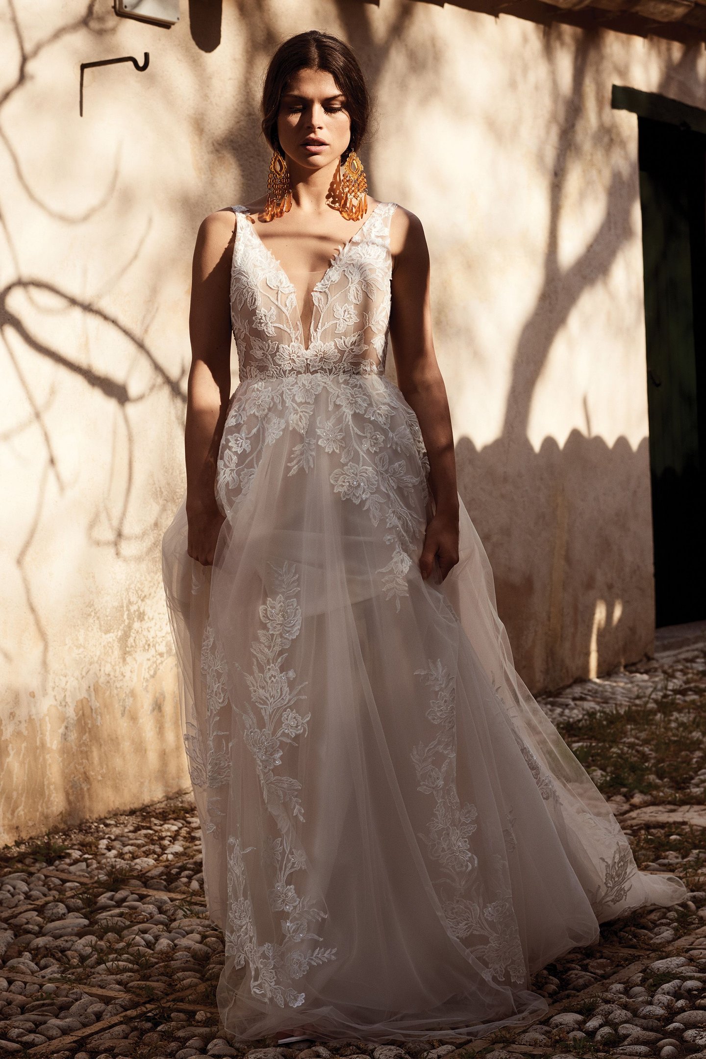 66063: Sequined Lace A-Line Gown with Chapel Length Train