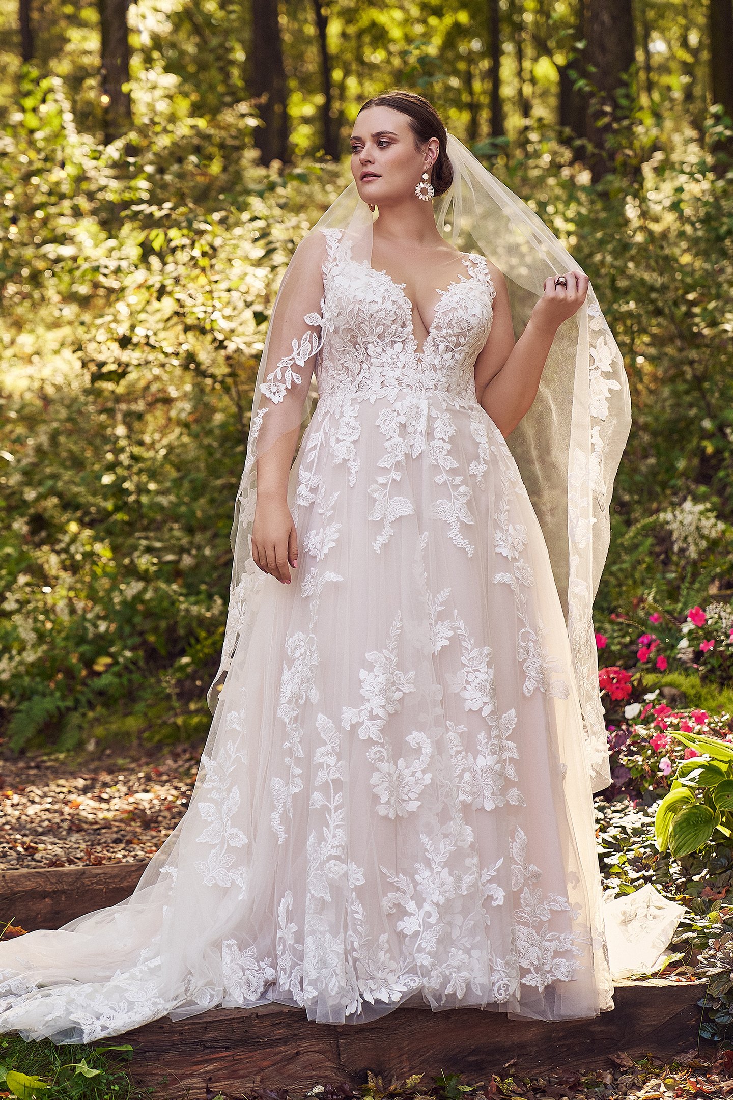 66163PS: Plus Size A-Line Gown with Plunging Illusion Sabrina
