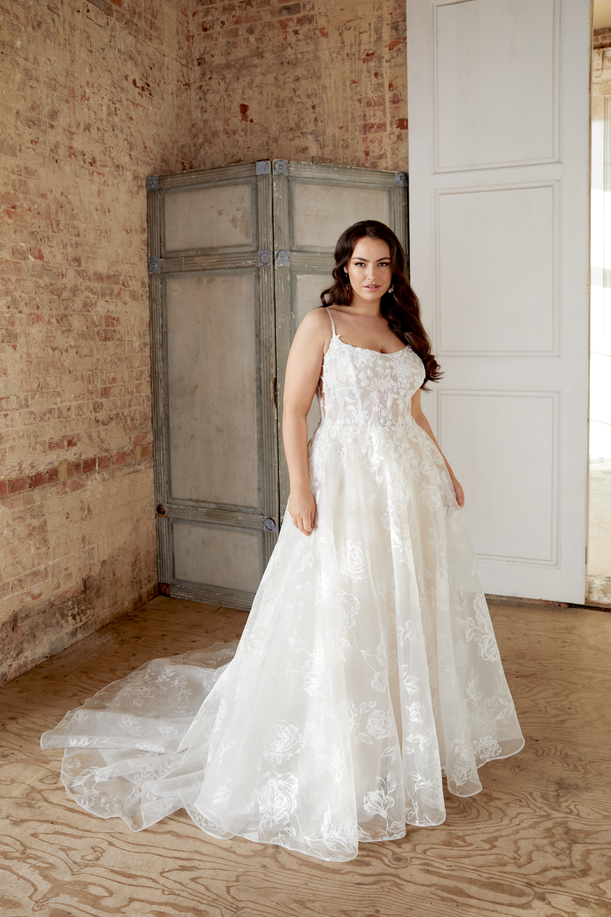 44523: Painted Organza A Line with Laser Cut Chiffon Appliqués