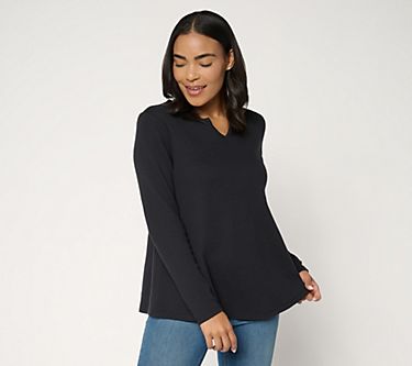 Denim & Co. Essentials Waffle Knit Split Neck Swing Top - QVC.com