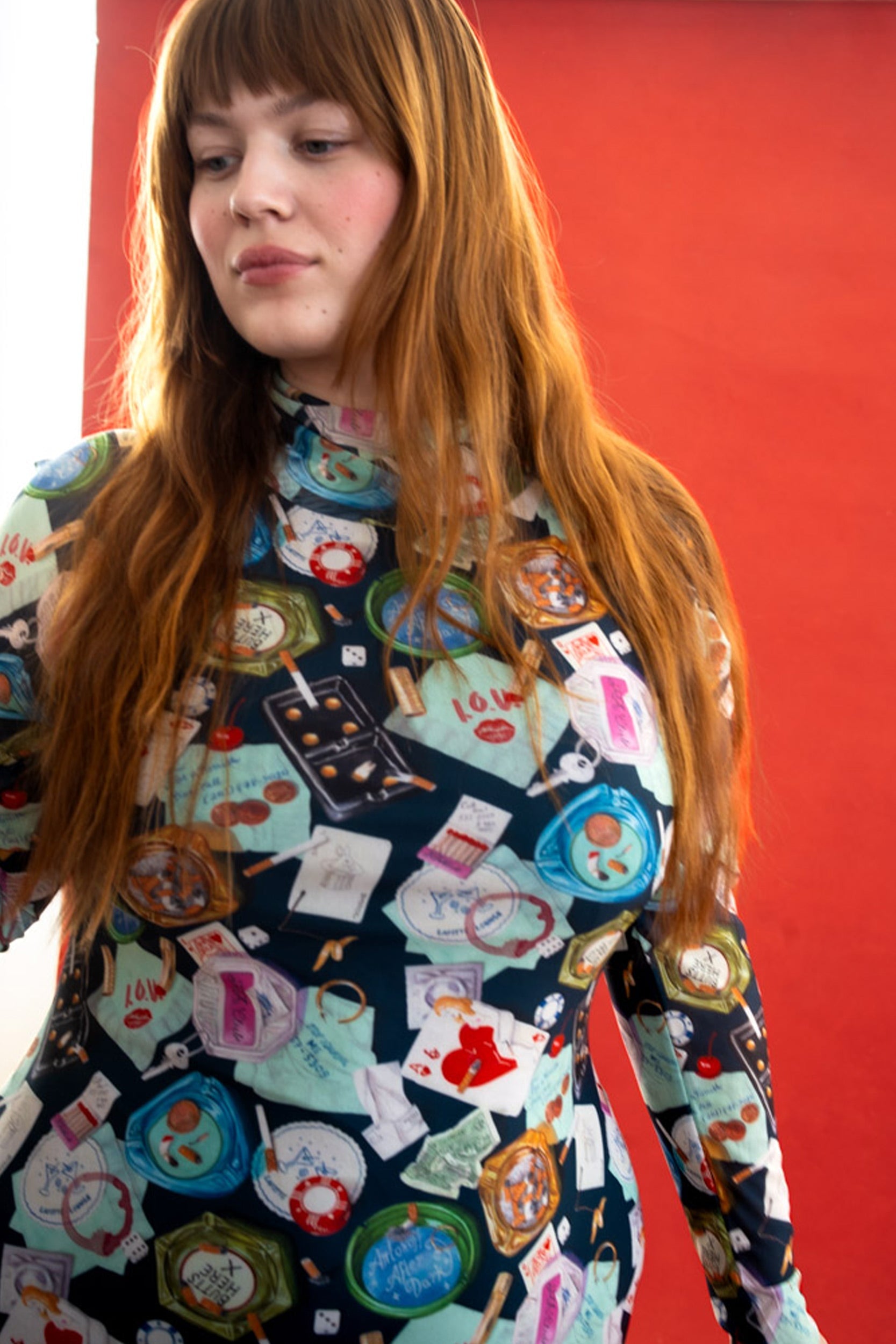 Long Sleeve Printed Mesh Turtleneck Dress - RachelAntonoff.com