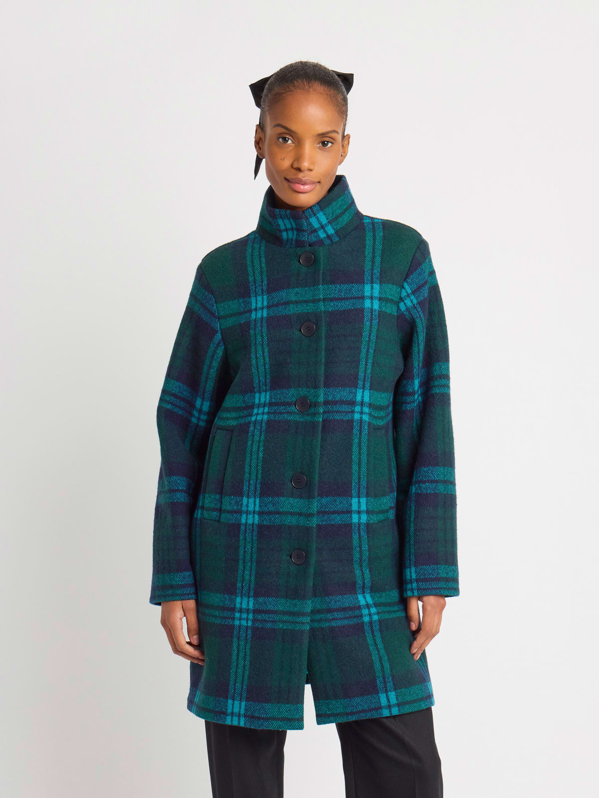 blue and green checked cotton wool Aimée coat