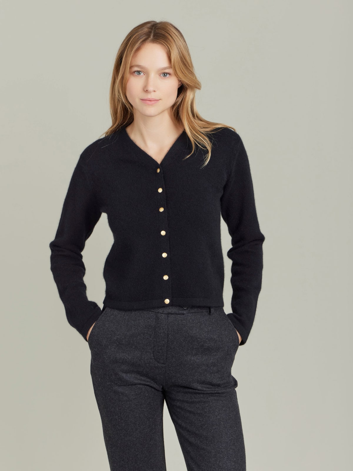 black cashmere snap v-neck cardigan