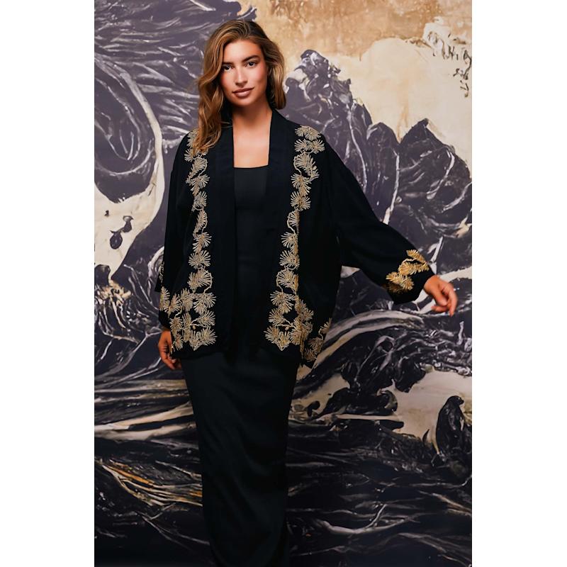 Japanese Pine Needle Embroidered Black & Gold Fully Lined Short