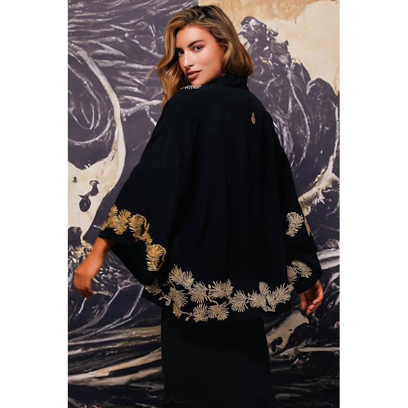 Japanese Pine Needle Embroidered Black & Gold Fully Lined Short