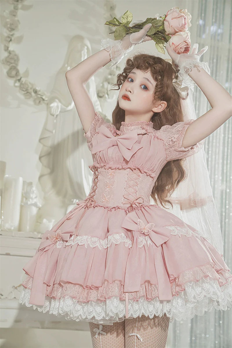 Baby Pink クロスリボンのコルセット風半袖ワンピース – ロリータ