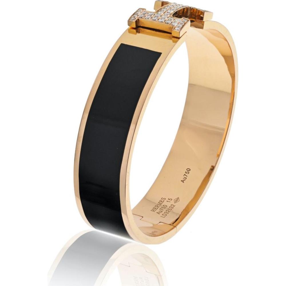 Hermes 18K Yellow Gold Clic Clac H Diamond Black Enamel Bangle