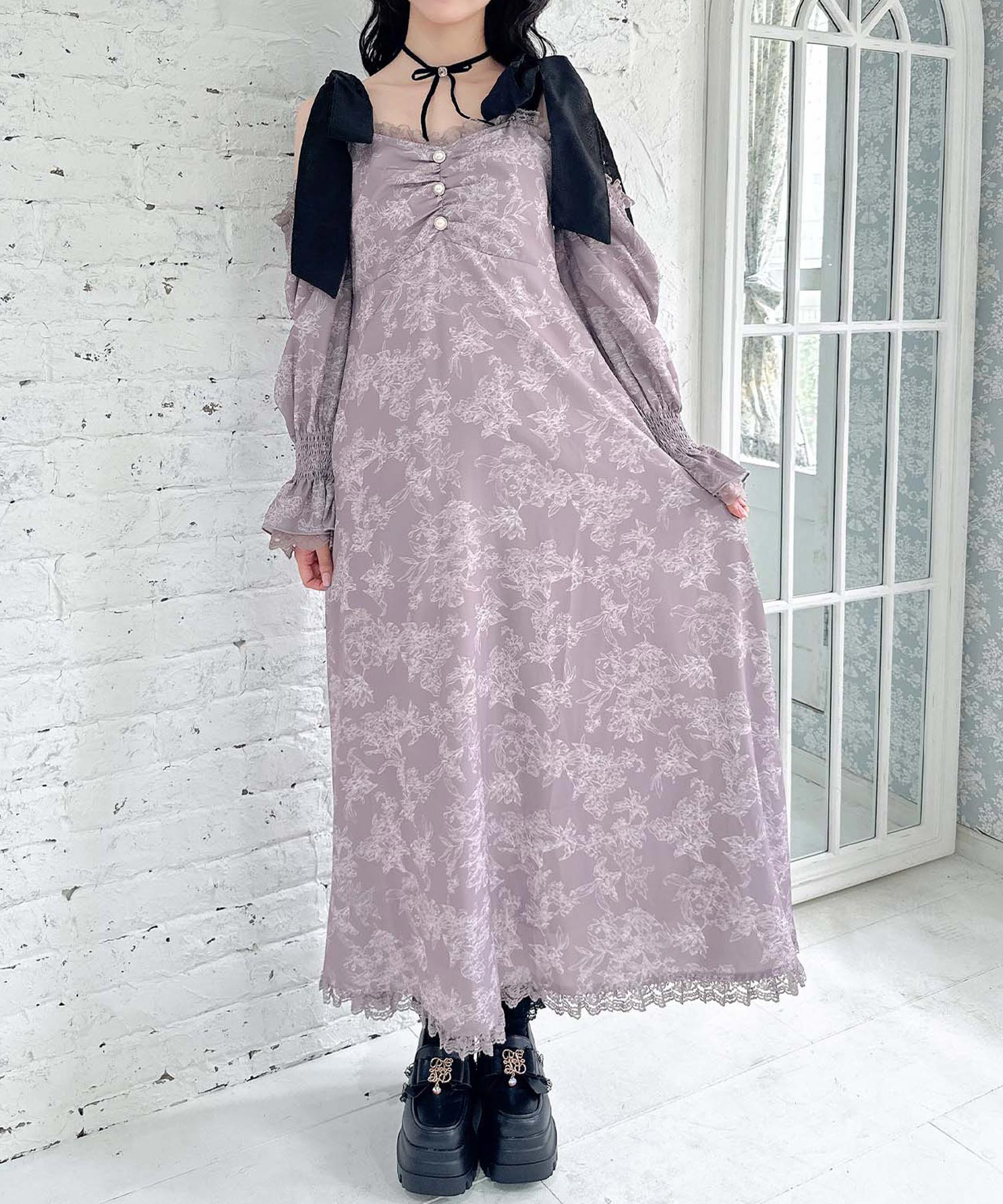 肩リボン花柄ロングワンピース | Rlab store