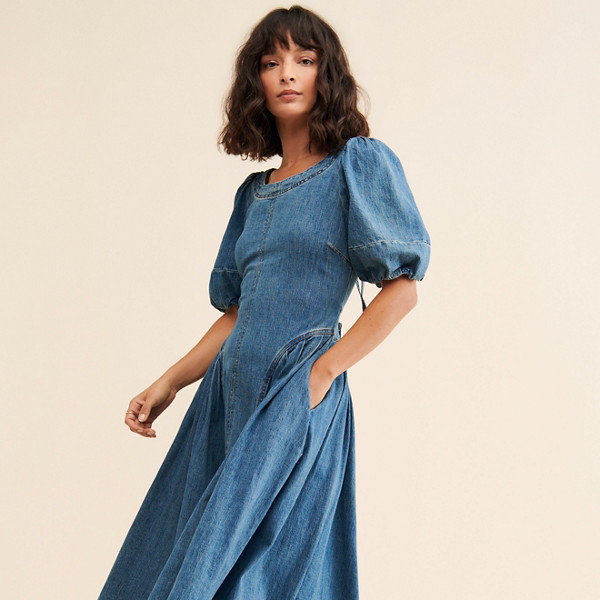 Puff-Sleeve Seamed Denim Dress | Nuuly