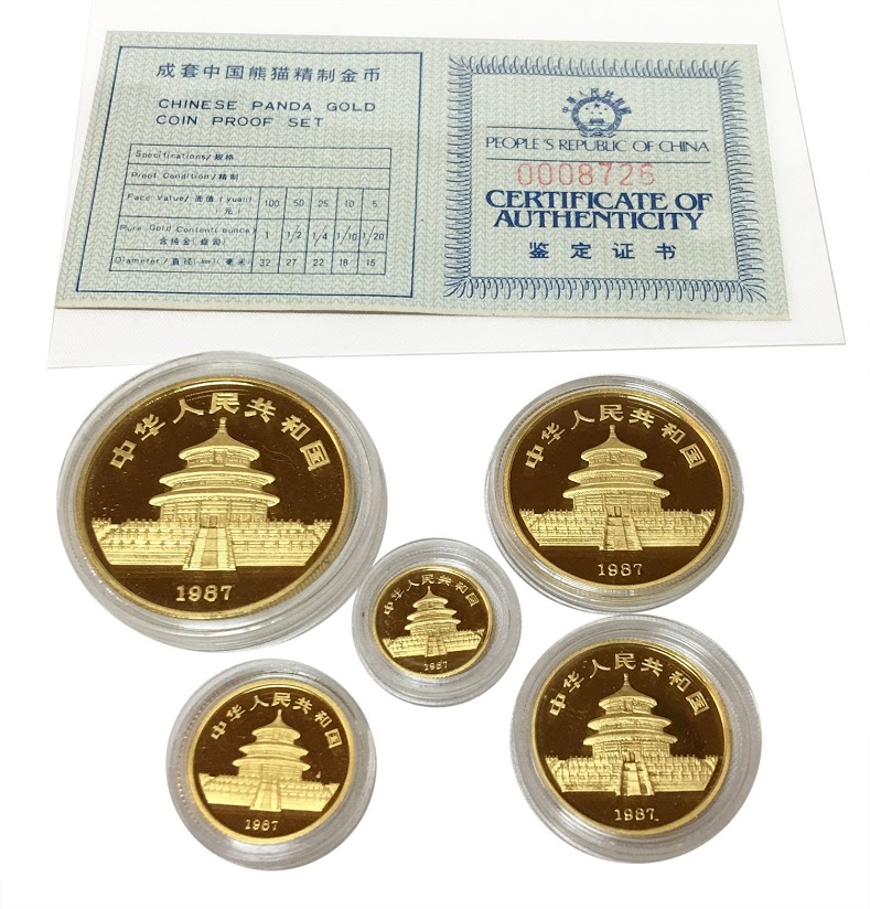 パンダ金貨 1987年銘 P版プルーフ5枚セット 木箱&保証証書付き 完未品