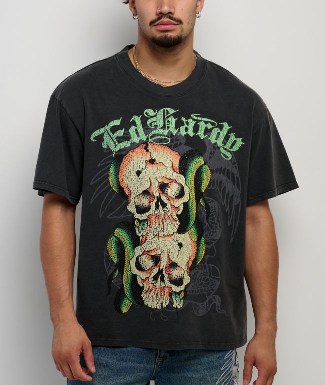Ed Hardy Skeleton Black Wash Boxy T-Shirt | Zumiez