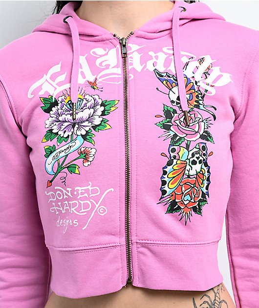 Ed Hardy Flower Skull Pink Crop Zip Hoodie | Zumiez