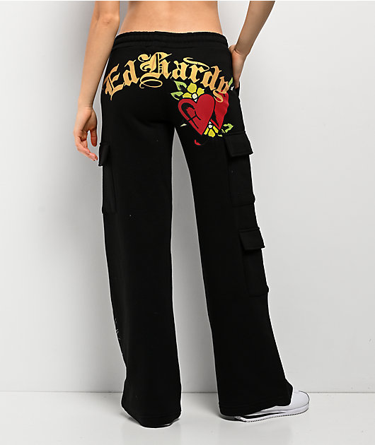 Ed Hardy Sacred Heart Black Cargo Sweatpants | Zumiez