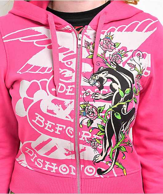 Ed Hardy Tiger Crown Pink Crop Zip Hoodie | Zumiez