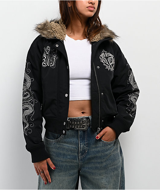 Ninth Hall Ayla Faux Fur Trim Black Hooded Bomber Jacket | Zumiez