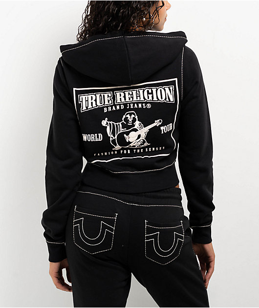 True Religion Big T Buddha Black Crop Zip Hoodie | Zumiez
