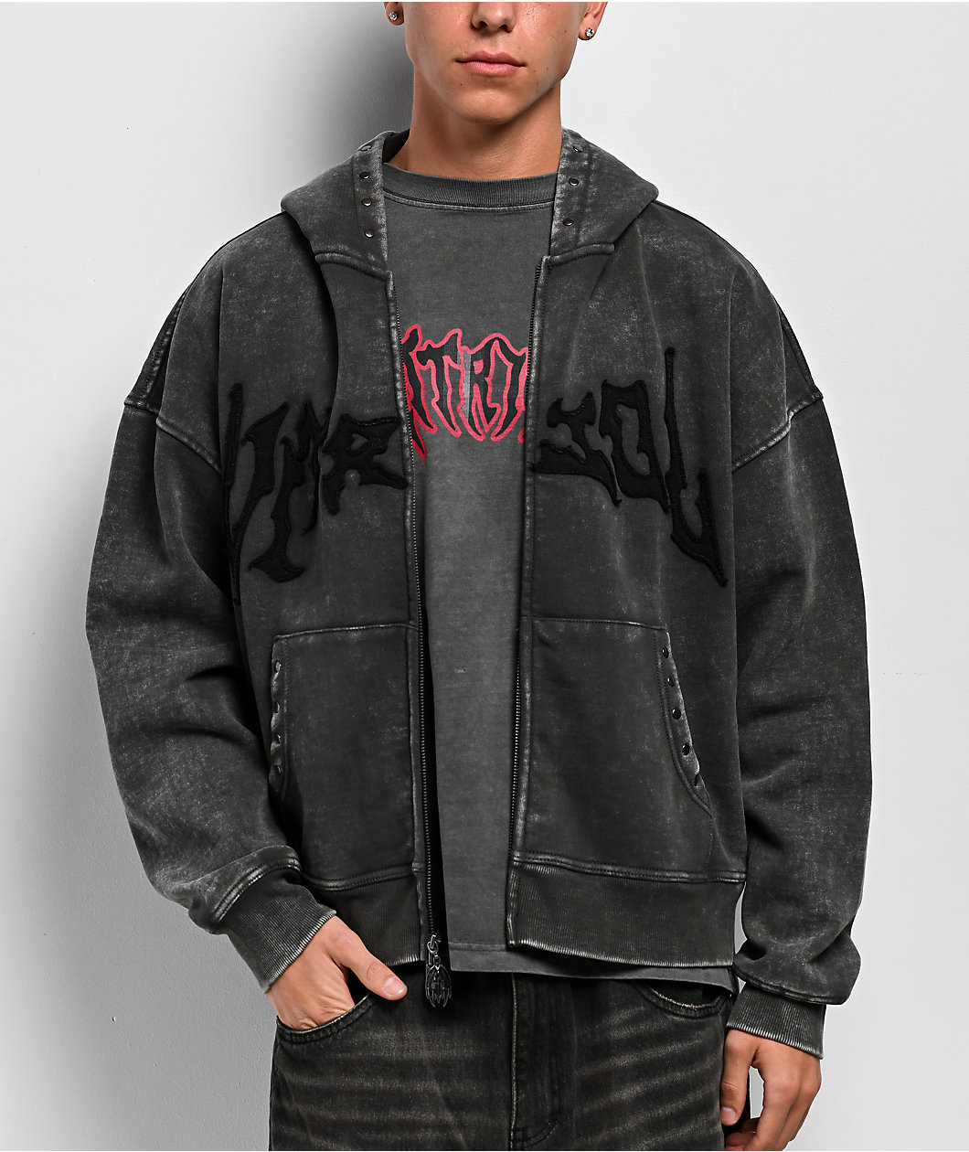 Vitriol Death Grip Grey Wash Crop Zip Hoodie at Hamilton Place in