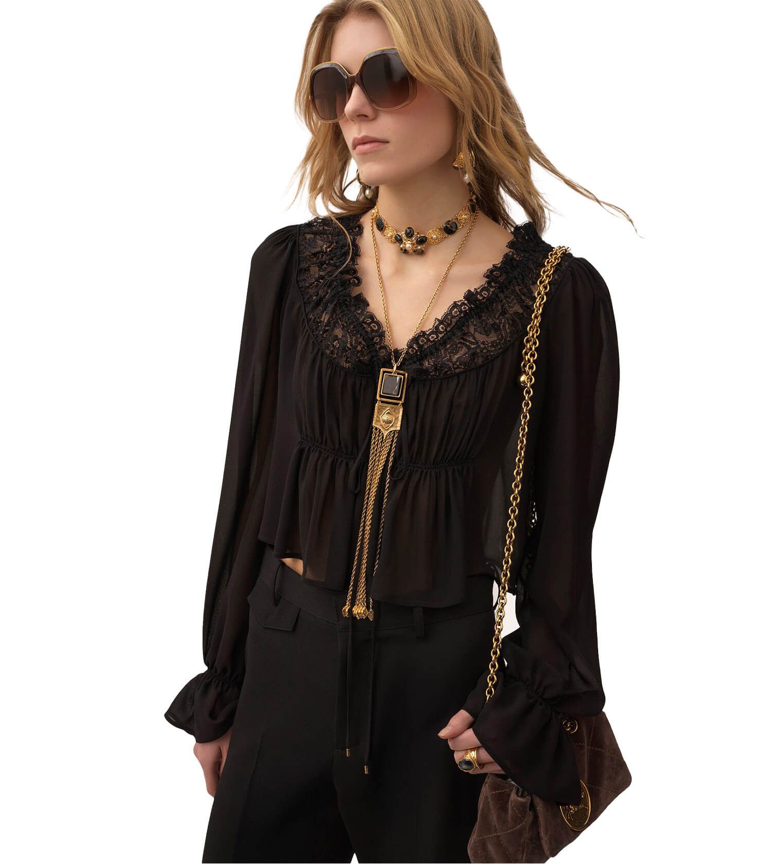 CHLOÉ Lace Ruffle Black Top | Sam Malouf Authentic Luxury