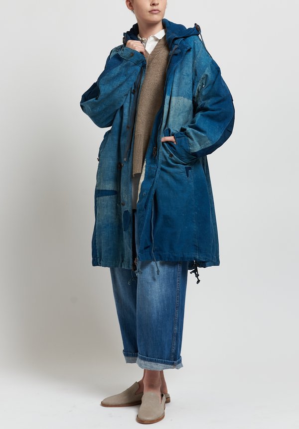 Kaval Antique Japanese Cotton & Linen Indigo Fishtail Long Coat in