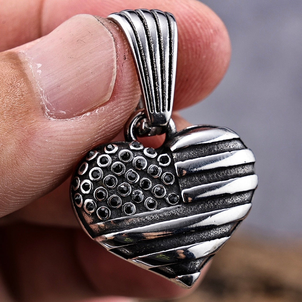 American Flag Heart - 3D Stainless - Pendant - Rope Necklace or Omega