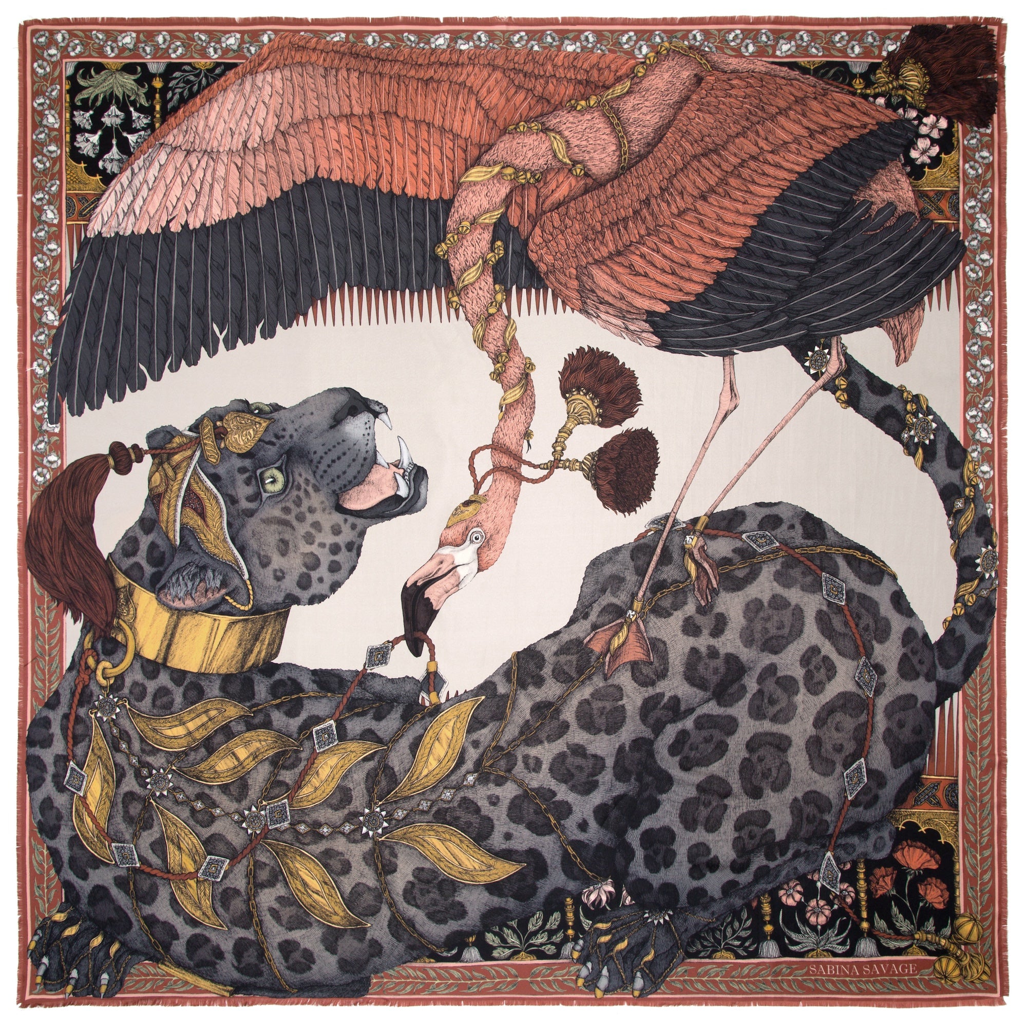 The Panther and Flamingo Silk Twill Shawl 135 – Sabina Savage