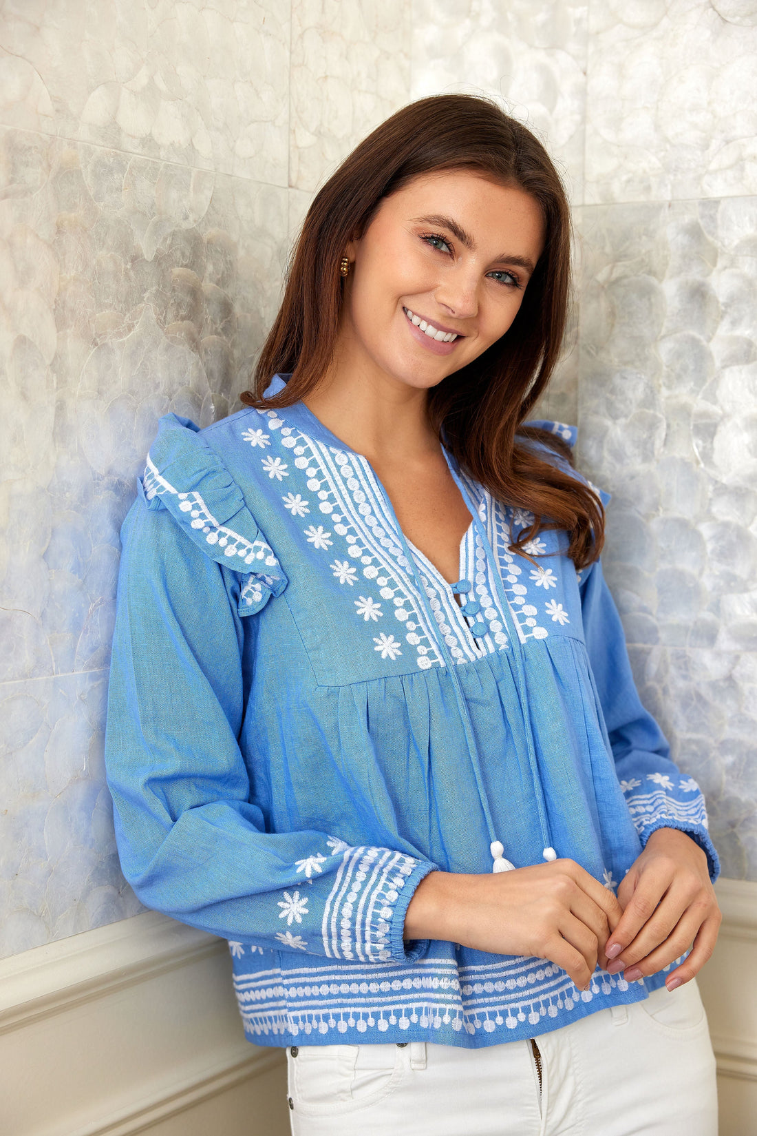 Embroidered Marina Ruffle Front Blouse with Tassels – Sail to Sable