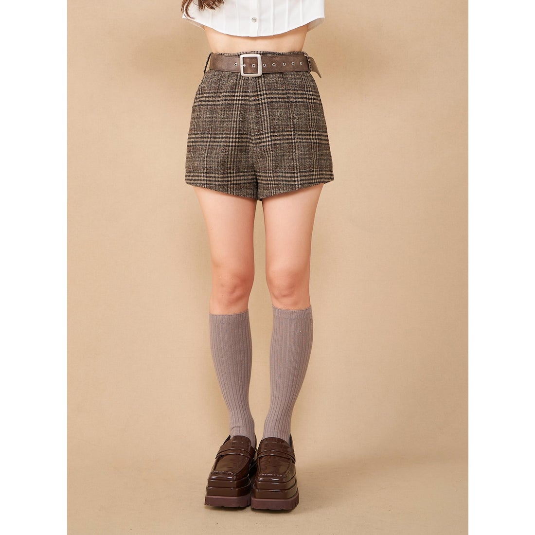 ダーリッチ Darich ハイウエストチェックショートパンツ （ブラウン