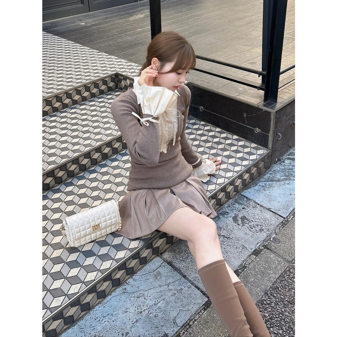 ダーリッチ Darich シャツドッキングプリーツミニワンピース （モカ