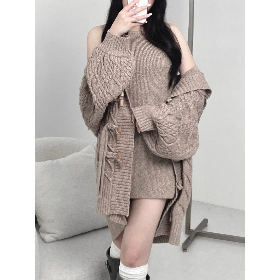 ダーリッチ Darich ケーブルアンサンブルニットミニワンピース （モカ