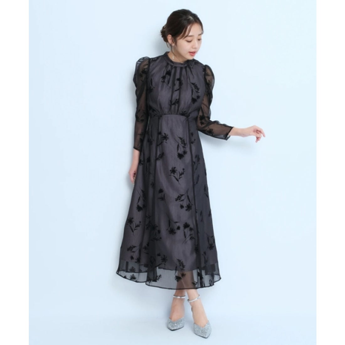 ジャスグリッティー JUSGLITTY フロッキープリントワンピース （黒