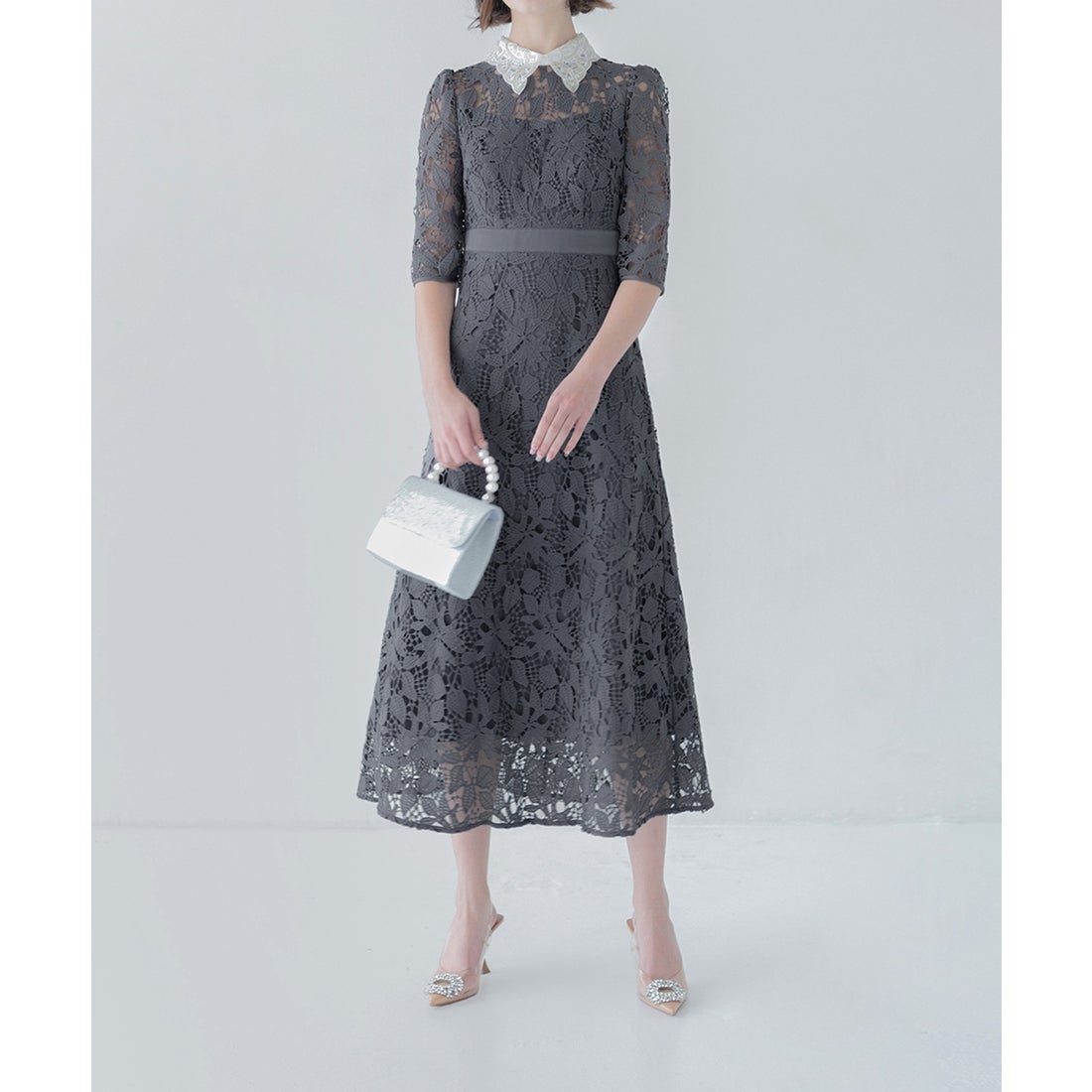 レジャ Leja 花柄レースビジューカラーAラインドレスワンピース美脚