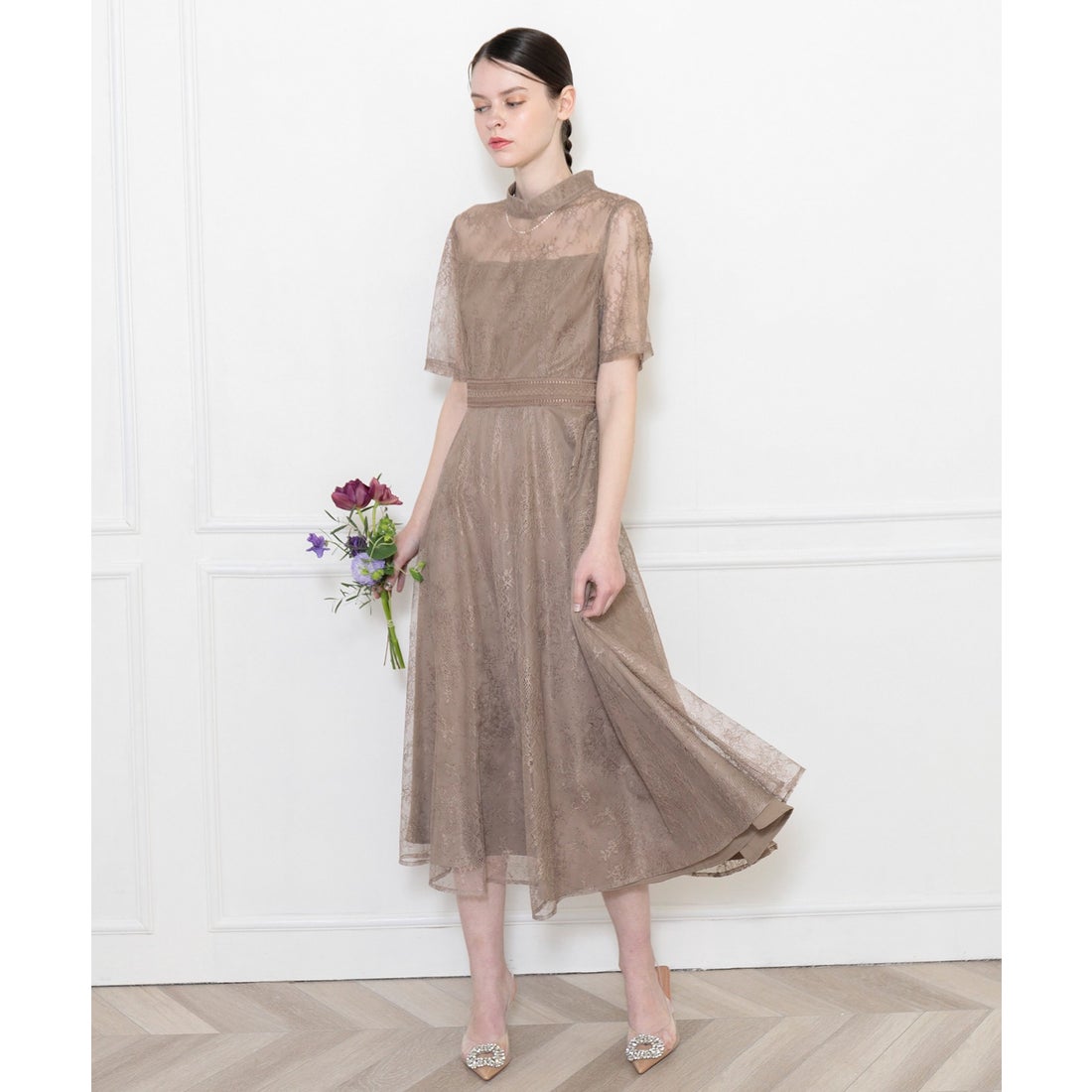 レジャ Leja ハイネック花柄レースウエストマーク透けロングドレス