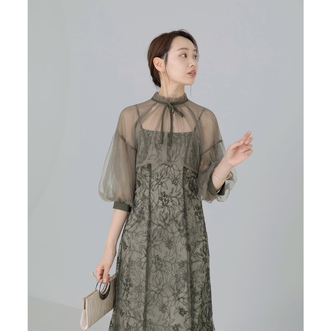 レジャ Leja リボン付きパフスリーブシアーボレロ刺繍レースマーメイド