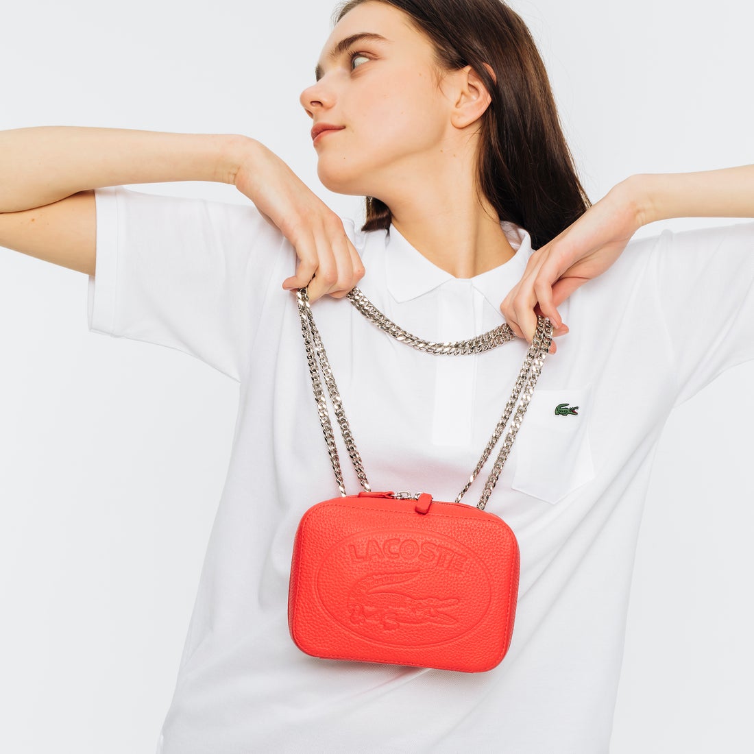 ラコステ LACOSTE CROCO CREWチェーンハンドルバッグ （レッド