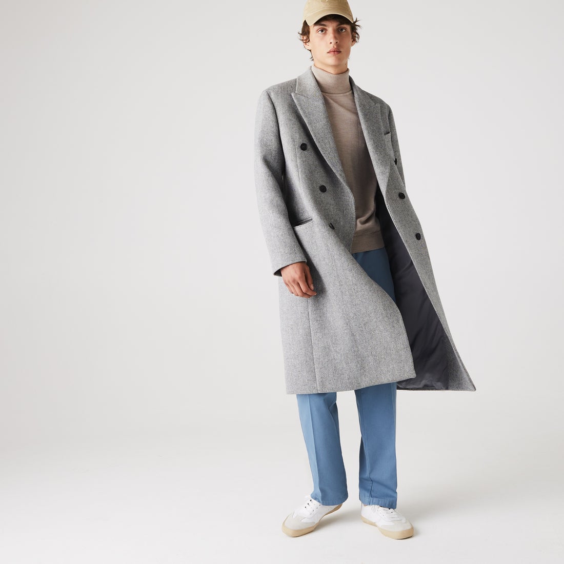ラコステ LACOSTE ヘリンボーンロングウールコート （グレー