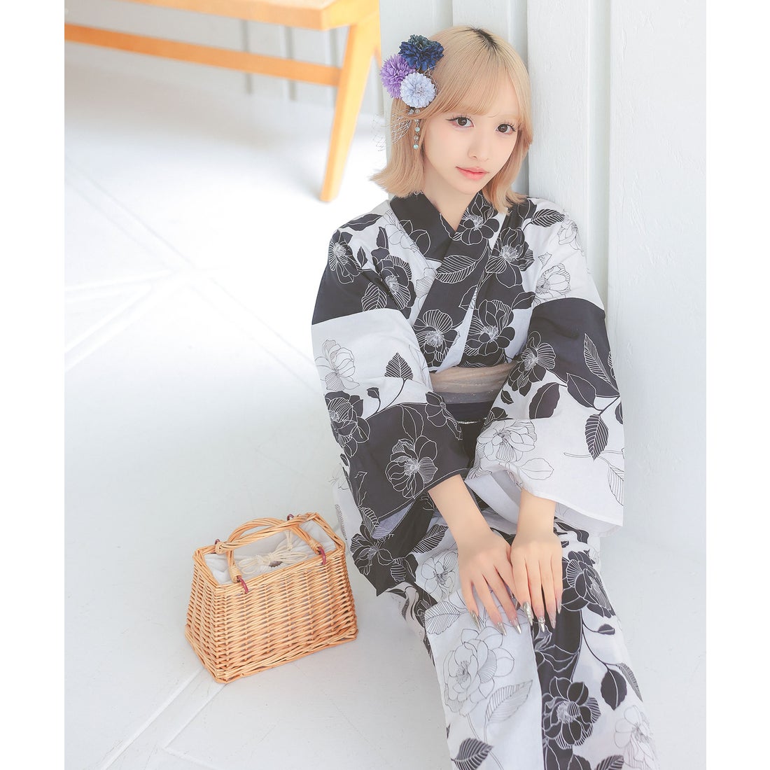 レティカ Retica 浴衣 レディース レトロモノトーン椿 ゆかた3点セット