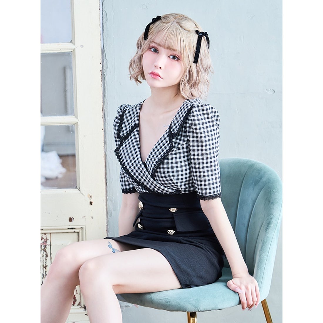 ティカ Tika 袖ありギンガムチェック柄レーステーラードカラーガーリー