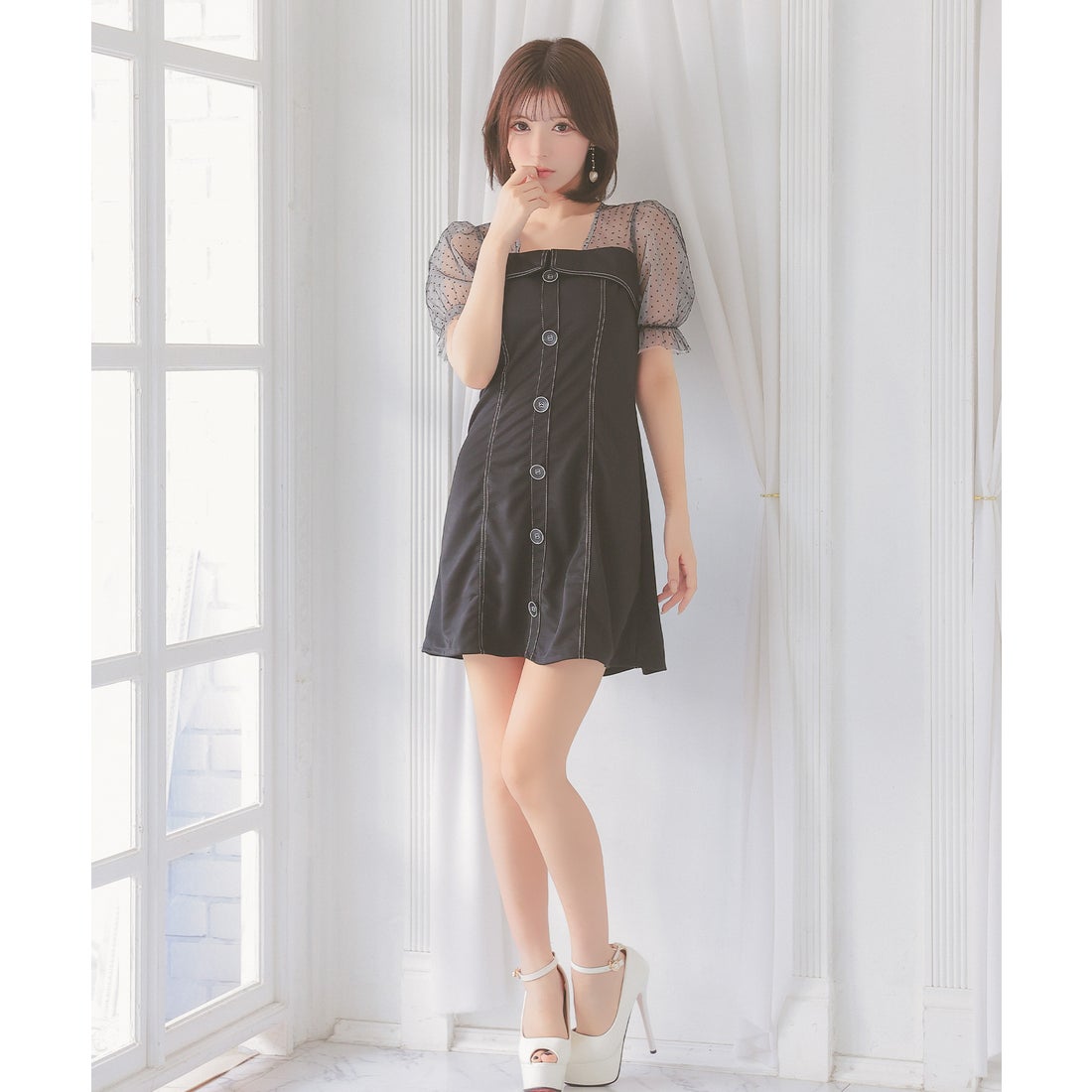 ティカ Tika キャバドレス ドット柄シアー切り替えパフスリーブ半袖