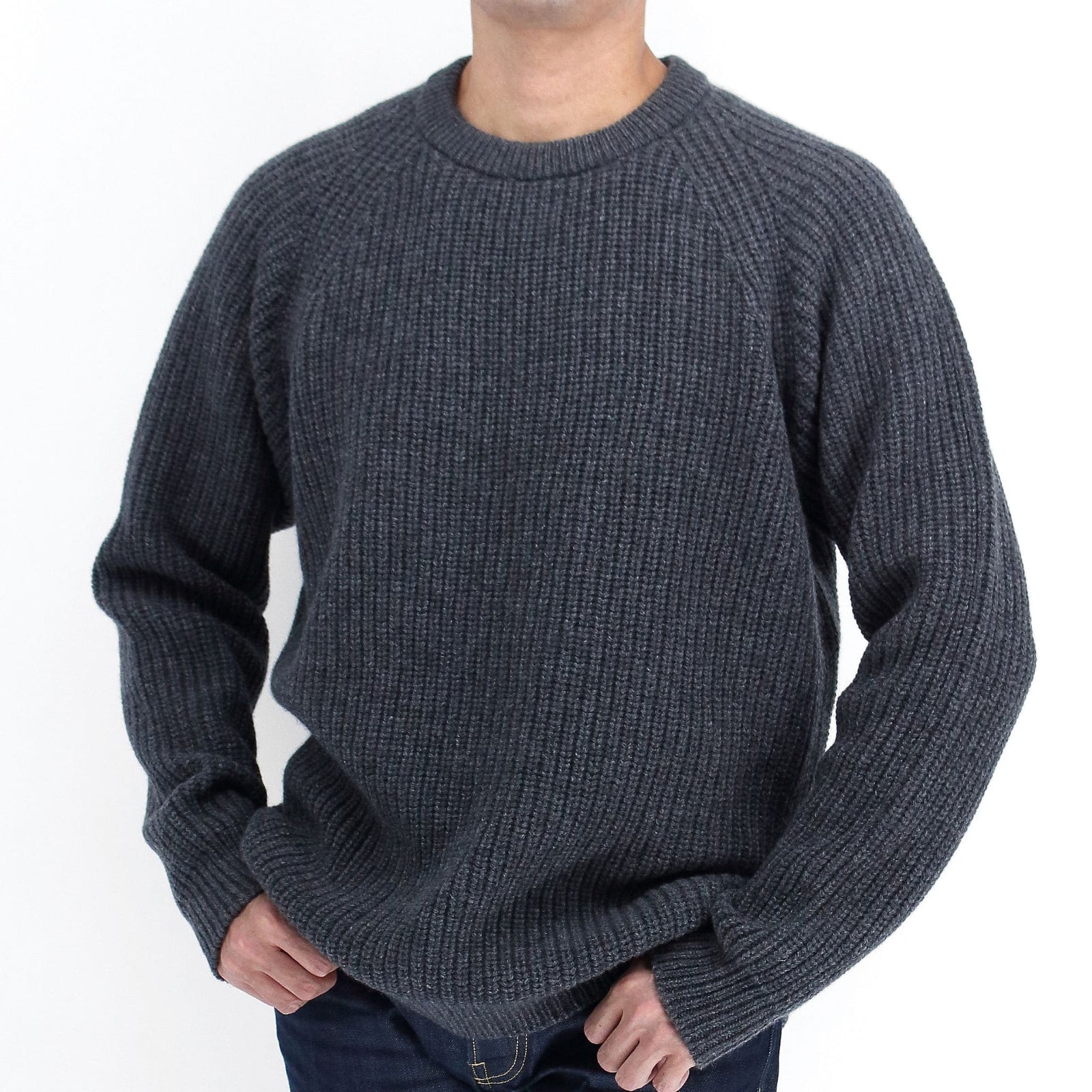 日本製】ピュアカシミヤ ホールガーメント ラグラン 畦編みクルー
