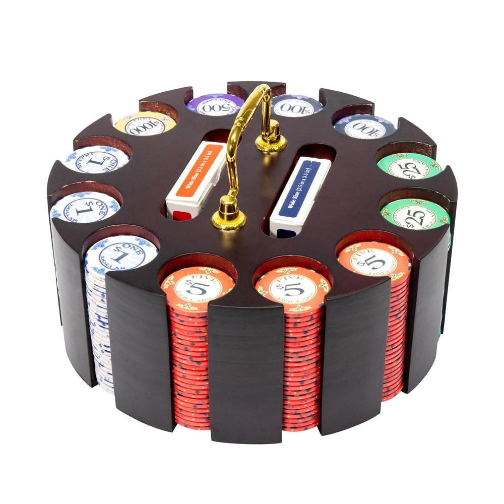 300 Ct Scroll 10 Gram Ceramic Poker Chip Set w/Wooden Carousel