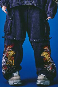 CIVARIZE【シヴァーライズ】フラワー柄マチ付きZIPワイドパンツ Black