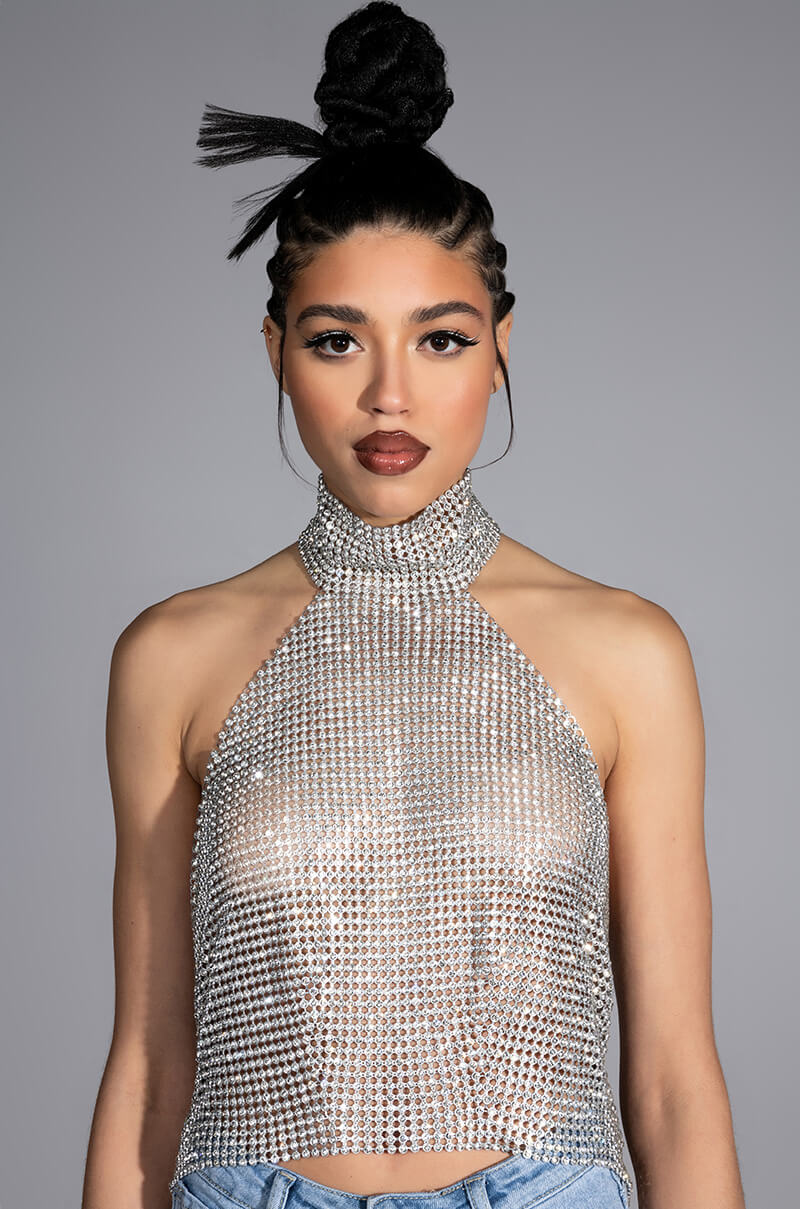 ABOVE ALL RHINESTONE HALTER TOP – AKIRA