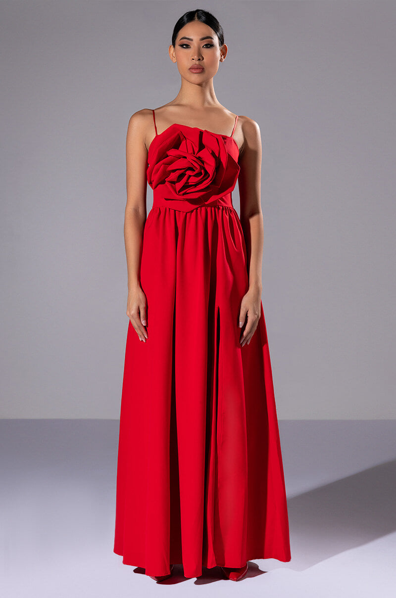 LA FLOR MAXI 3D ROSE DRESS WITH SLIT – AKIRA