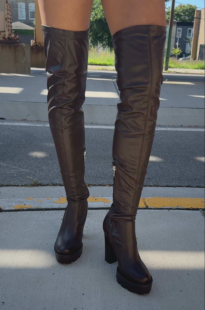 AZALEA WANG ASHLAND CHOCOLATE STRETCH PU CHUNKY THIGH-HIGH BOOT