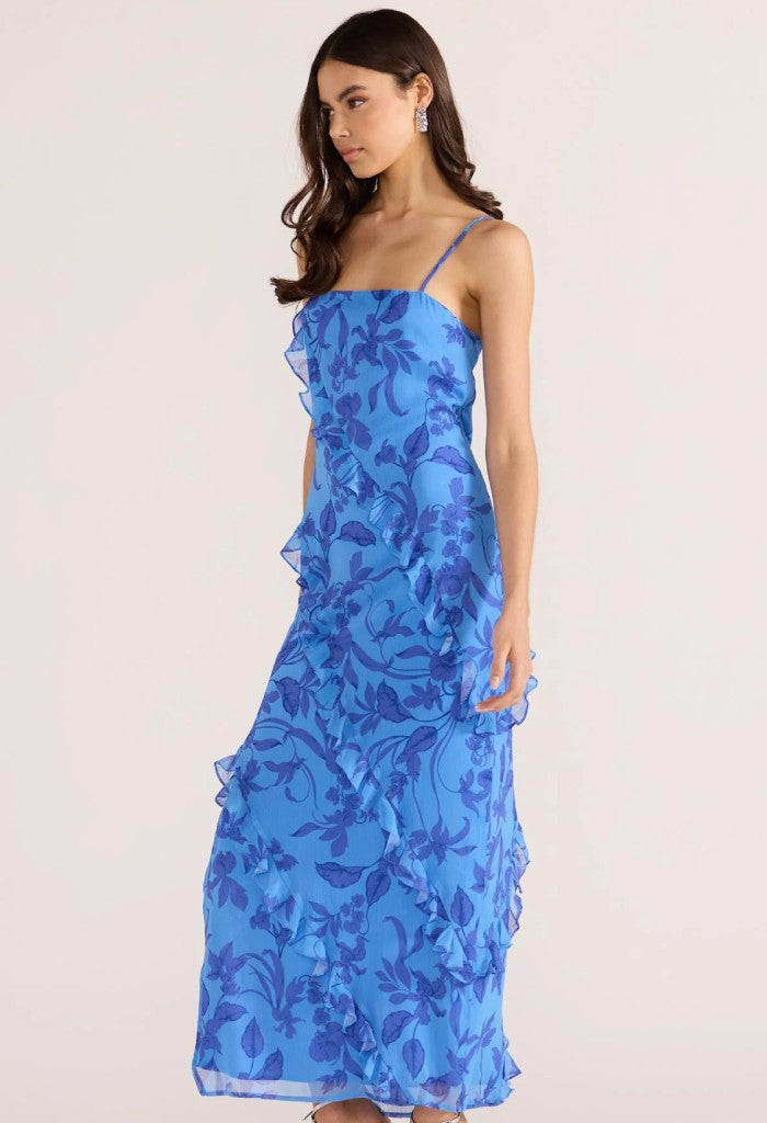 Jeanne Ruffle Maxi Dress-Blue Floral - KK Bloom Boutique
