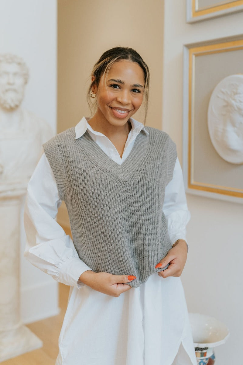 Grey Knit Sweater Vest – V-Neck Layering Vest with Ribbed Trim