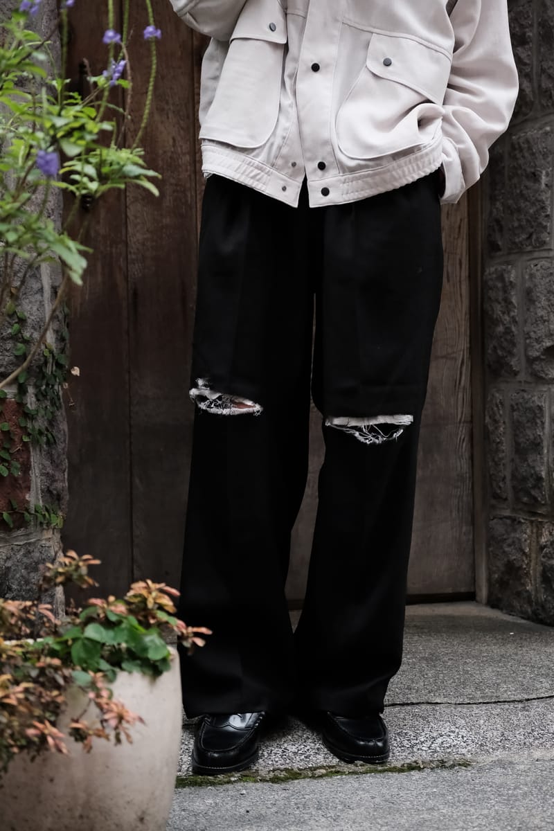 ANCELLM - DAMAGE WOOL 2TUCK SLACKS / BLACK