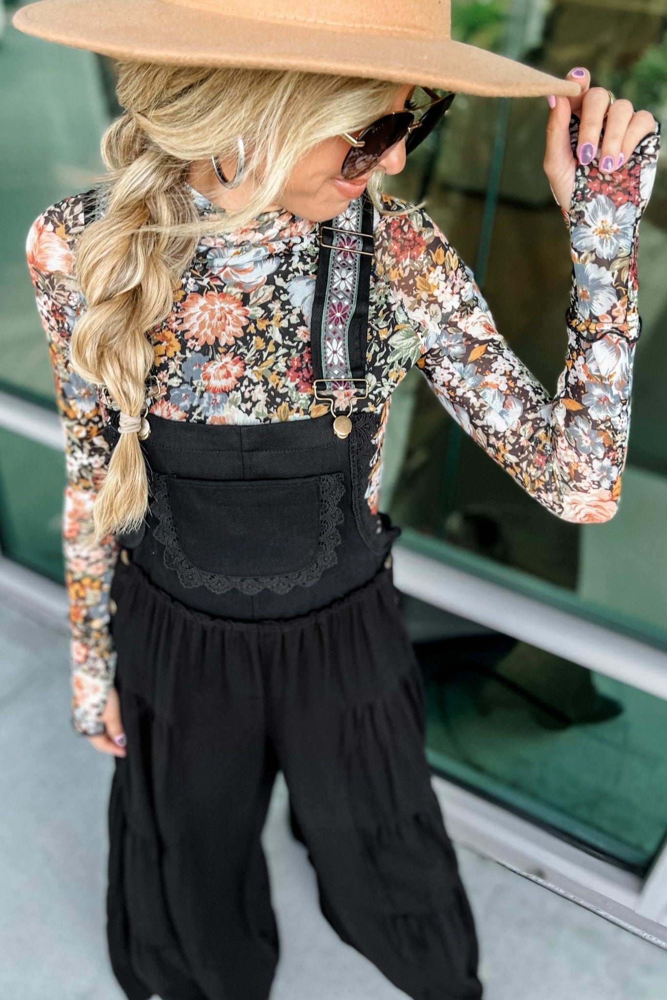 Free Spirit Lace Trim Wide Leg Black Overalls | Boho Style