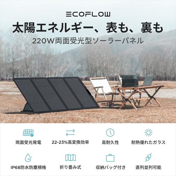 ECOFLOW 220W両面受光型ソーラーパネル 両面受光発電 収納バッグ付き